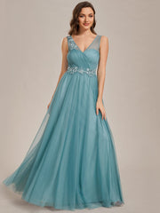 Weitese See-Through Shoulder Strap Flower Decoration Tulle Bridesmaid Dress