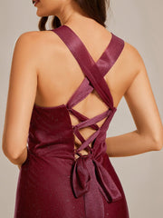 Weitese Glittery Pleated V-neck Adjustable Back Lace-Up Sleeveless Bridesmaid Dress