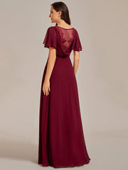 Weitese Back See-Through Swing Collar Applique Ruffles Sleeve A-Line Evening Dress