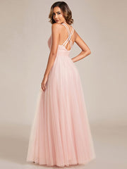Weitese Sleeveless Waist Applique Cross-Back Straps Tulle Bridesmaid Dress