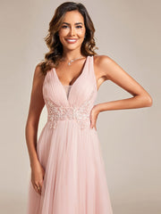 Weitese Sleeveless Waist Applique Cross-Back Straps Tulle Bridesmaid Dress