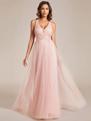 Weitese Sleeveless Waist Applique Cross-Back Straps Tulle Bridesmaid Dress