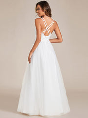 Weitese Sleeveless Waist Applique Cross-Back Straps Tulle Bridesmaid Dress