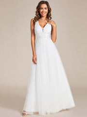 Weitese Sleeveless Waist Applique Cross-Back Straps Tulle Bridesmaid Dress