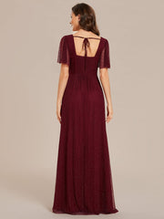 Weitese Glittery A-Line High Slit Waist Short Sleeves Back Lace-Up Bridesmaid Dress