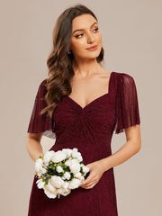 Weitese Glittery A-Line High Slit Waist Short Sleeves Back Lace-Up Bridesmaid Dress