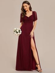 Weitese Glittery A-Line High Slit Waist Short Sleeves Back Lace-Up Bridesmaid Dress