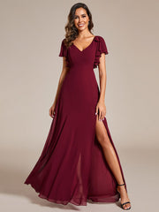 Weitese Short Sleeves with Bowknot High Front Slit A-Line Chiffon Bridesmaid Dress