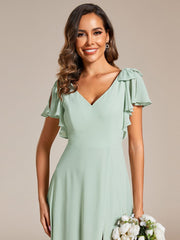 Weitese Short Sleeves with Bowknot High Front Slit A-Line Chiffon Bridesmaid Dress