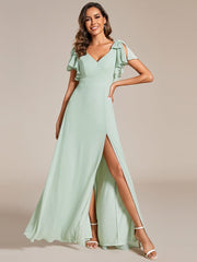 Weitese Short Sleeves with Bowknot High Front Slit A-Line Chiffon Bridesmaid Dress