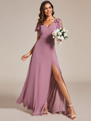 Weitese Short Sleeves with Bowknot High Front Slit A-Line Chiffon Bridesmaid Dress