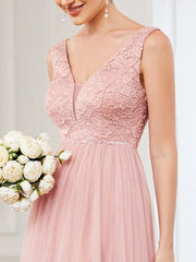Weitese Lace Sleeveless V-Neck Backless High Low Bridesmaid Dress