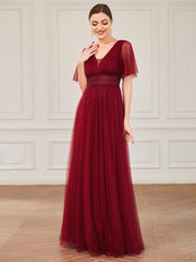 Weitese Pleated A-Line Short Sleeve Wide Waist Tulle Bridesmaid Dress