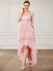 Weitese Tulle Spaghetti Strap Ruffled High-Low Bridesmaid Dress