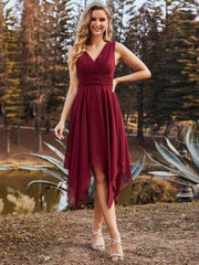 Weitese Chiffon Double V-Neck A Line Bridesmaid Dress with Asymmetrical Hem