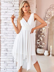 Weitese V Neck Ruched Asymmetrical Hems Midi Chiffon Bridesmaid Dress