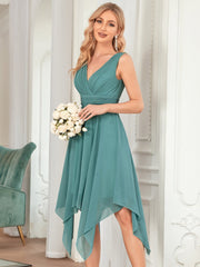 Weitese Chiffon Double V-Neck A Line Bridesmaid Dress with Asymmetrical Hem
