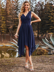 Weitese Chiffon Double V-Neck A Line Bridesmaid Dress with Asymmetrical Hem