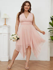 Weitese Plus Size Double V Neck Ruched-Waist Midi Chiffon Bridesmaid Dress