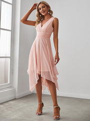 Weitese Chiffon Double V-Neck A Line Bridesmaid Dress with Asymmetrical Hem