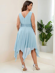 Weitese Plus Size Double V Neck Ruched-Waist Midi Chiffon Bridesmaid Dress