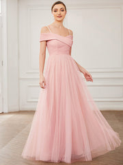 Weitese Spaghetti Strap Cold Shoulder Cross Over A-Line Tulle Bridesmaid Dress