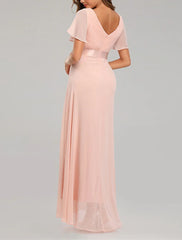 Bridesmaid Dresses V Neck Wedding Guest Dress Chiffon Long Dress Short Sleeve