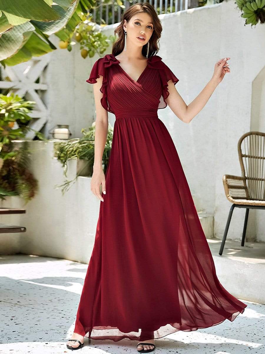 Weitese Elegant Pleated Bodice Ruffles Sleeves Chiffon Evening Dress