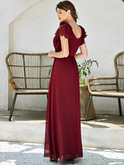 Weitese Elegant Pleated Bodice Ruffles Sleeves Chiffon Evening Dress