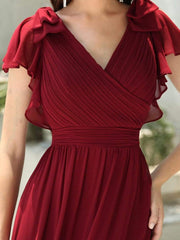 Weitese Elegant Pleated Bodice Ruffles Sleeves Chiffon Evening Dress