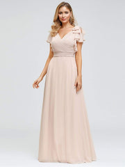 Weitese Elegant Pleated Bodice Ruffles Sleeves Chiffon Evening Dress