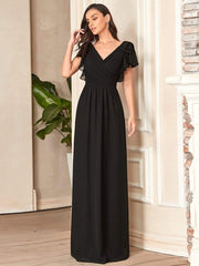 Weitese Elegant Pleated Bodice Ruffles Sleeves Chiffon Evening Dress
