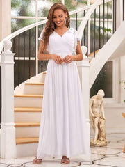 Weitese Elegant Pleated Bodice Ruffles Sleeves Chiffon Evening Dress