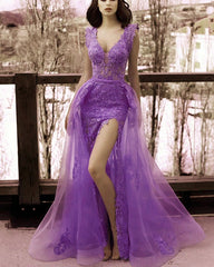 Elegant Cap Sleeves V-neck Lace Mermaid Evening Dresses With Split