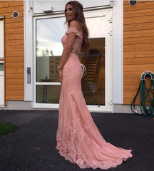 Elegant Pink Lace Mermaid Evening Dress Off Shoulder Prom Gowns
