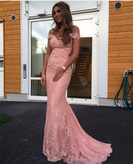 Elegant Pink Lace Mermaid Evening Dress Off Shoulder Prom Gowns