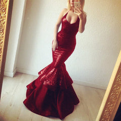 Elegant Sequins V Neck Ruffle Mermaid Evening Gowns Bodice Corset