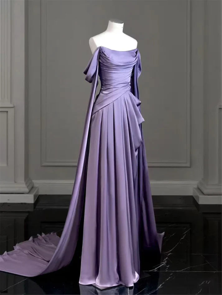 Elegant Purple Satin Prom Dress, Draped Bodice Formal Party Dress, AST1723