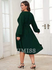 Plus size evening dress mid length dress winter long sleeved wrap V-neck belt A-line flowing party dress