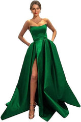 Womens Long Strapless Satin Prom Dress Sleeveless Slit Evening Ball Gown Off Shoulder Party Dress Wholesale