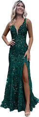 Women's Sparkly Sequin Mermaid Prom Dresses for Teens V Neck Long Formal Evening Party Dresses with Slit Wholesale