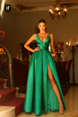 34741 - Classic Low V-Neck A-Line Belt Prom Evening Formal Gown with Slit