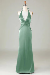 Fish tail hanging neck deep green long satin bridesmaid dress