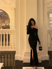Sexy Sheath Off The Shoulder Black Slit Long Sleeves Prom Dresses Birthday Outfits SD405