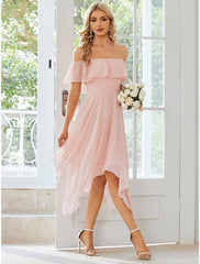 Bridesmaid Dresses Wedding Guest Dress Midi Dress Pink Short Sleeve Pure Color Ruched Summer Spring Fall Off Shoulder Party Wedding Guest Birthday Vacation