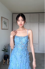 Classy Blue Tulle Appliques Mermaid Evening Dress Long Open Back