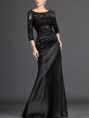 Mermaid / Trumpet Mother of the Bride Dress Elegant Off Shoulder Floor Length Lace Stretch Satin 3/4 Length Sleeve with Pleats Draping Black