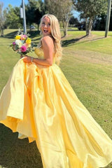 Wholesale Yellow A Line Sweetheart Corset Satin Prom Dress Off Shoulder Evening Party Dress