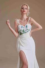 Mermaid Tie Shoulder Embroidery Wedding Dress with Slit