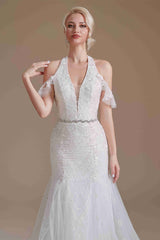 Halter White Lace Mermaid Wedding Dress with Detachable Sleeves